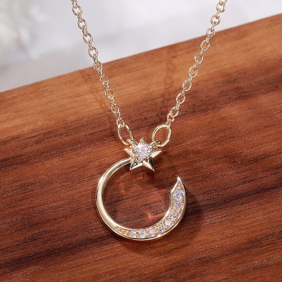 💎 Crystal Shiny Micro Pave Moon Star Gold Trendy Necklace for Women, INDN8645 - Picture 1 of 5